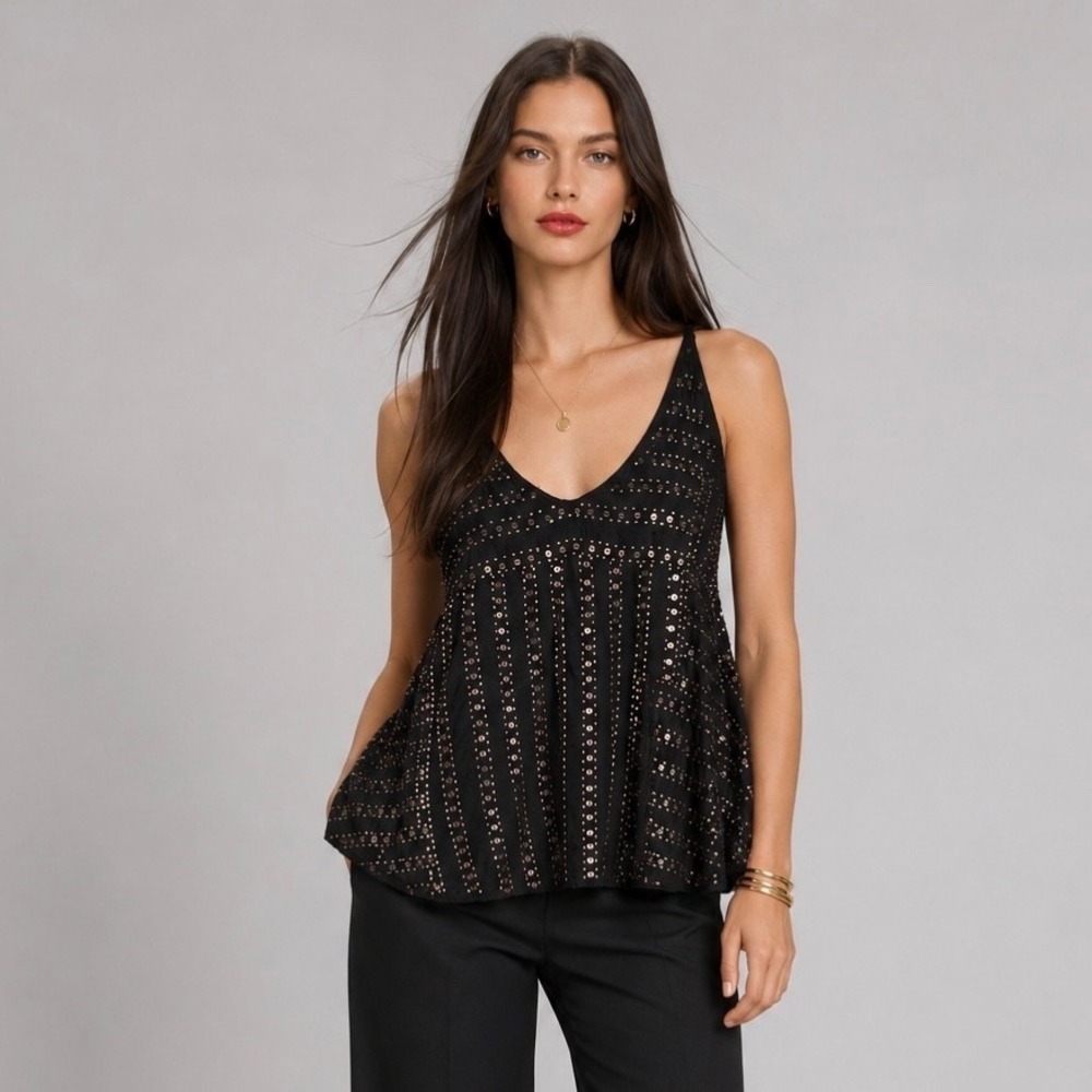 Free People Beaded Swing Tank S Black Gold Art Deco Boho Whimsigoth Cami Top